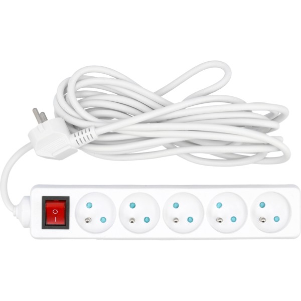PRZEDŁUŻACZ ELEKTRYCZNY, BIAŁY, 5 GNIAZD Z UZIEMIENIEM, 5M Z WYŁĄCZNIKIEM 72534