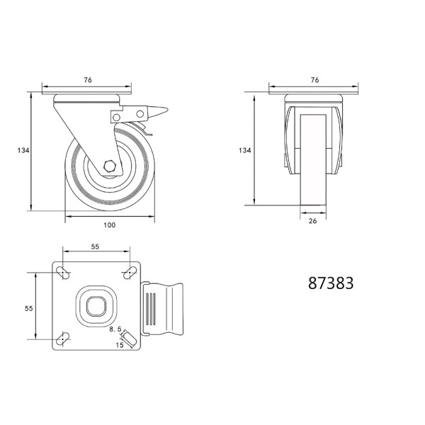 KÓŁKO SKRĘTNE 100MM Z SZARĄ GUMĄ I HAMULCEM 87383