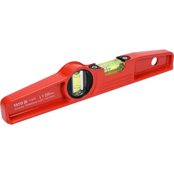 POZIOMNICA TRAPEZOWA 250 MM, KORPUS - ODLEW ALUMINIOWY, DWIE LIBELLE, MAGNESY YT-30370