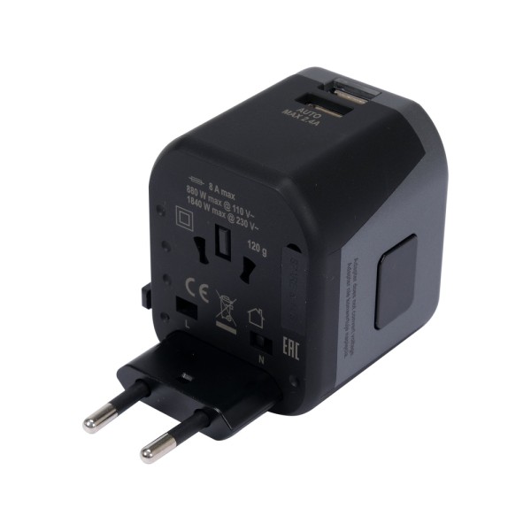 UNIWERSALNY ADAPTER PODRÓŻNY DO PONAD 150 KRAJÓW Z ŁADOWARKĄ 2 X USB 5V/2,4A YT-81301