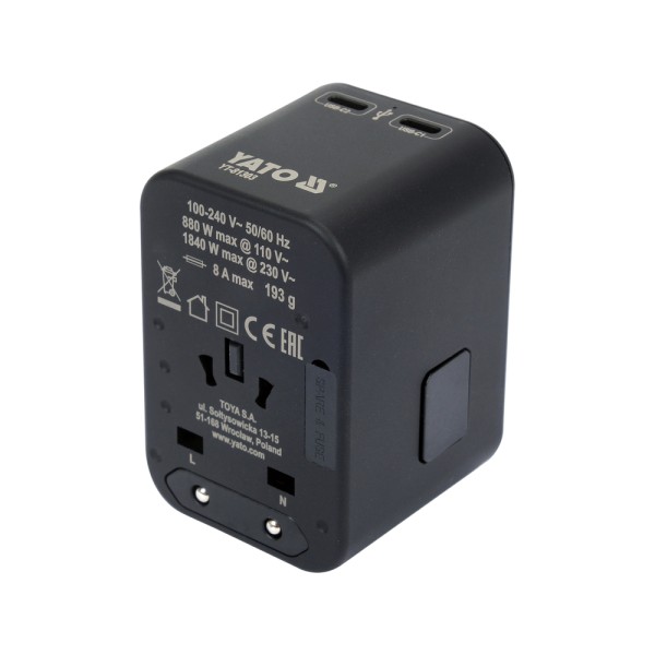 ADAPTER PODRÓŻNY DO PONAD 150 KRAJÓW USB-C PD 65W YT-81303