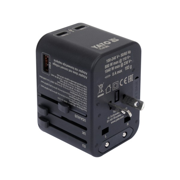 ADAPTER PODRÓŻNY DO PONAD 150 KRAJÓW USB-C PD 65W YT-81303
