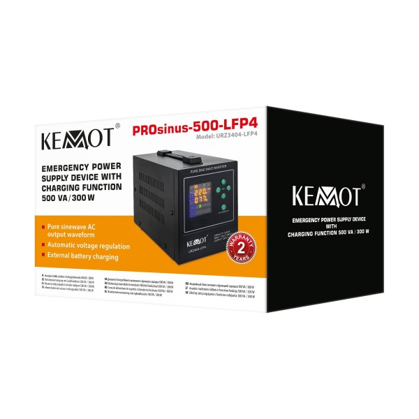 Zasilacz awaryjny KEMOT PROsinus-500-LFP4  przetwornica z czystym przebiegiem sinusoidalnym i funkcją ładowania  12V 230V 500VA/300W