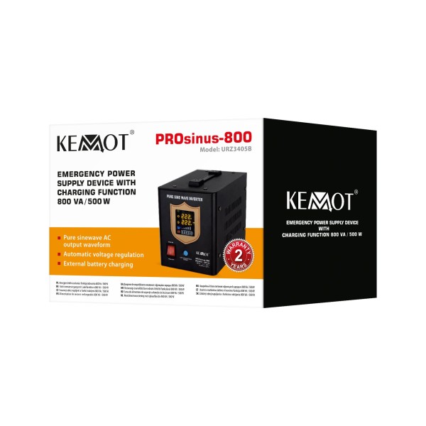 Zasilacz awaryjny KEMOT PROsinus-800 przetwornica z czystym przebiegiem sinusoidalnym i funkcją ładowania 12V 230V 800VA/500W - kolor czarny