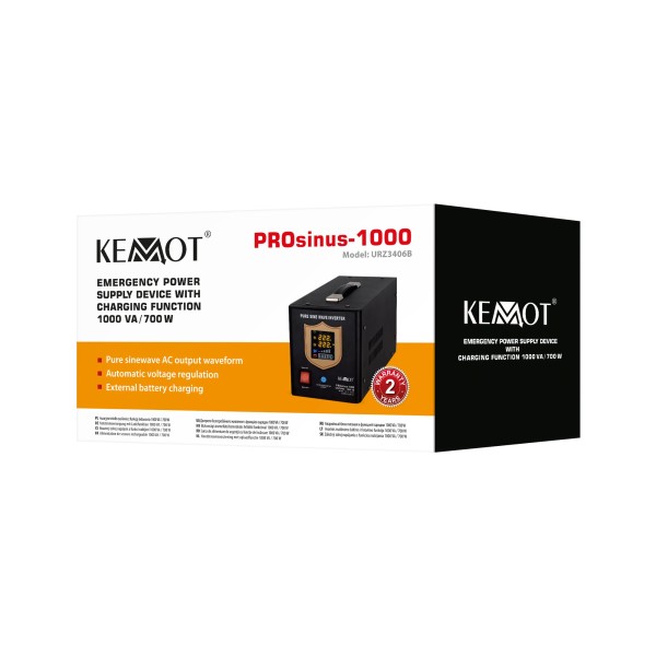 Zasilacz awaryjny KEMOT PROsinus-1000  przetwornica z czystym przebiegiem sinusoidalnym i funkcją ładowania  12V 230V 1000VA/700W - kolor czarny