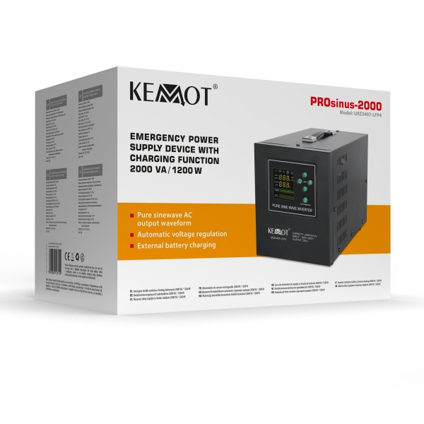 Zasilacz awaryjny KEMOT PROsinus-2000  przetwornica z czystym przebiegiem sinusoidalnym i funkcją ładowania  12V 230V 2000VA/1200W
