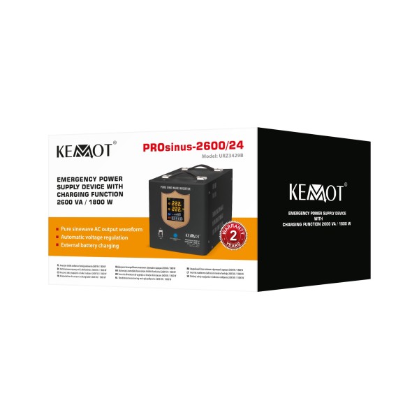 Zasilacz awaryjny KEMOT PROsinus-2600/24  przetwornica z czystym przebiegiem sinusoidalnym i funkcją ładowania  24V 230V 2600VA/1800W - kolor czarny