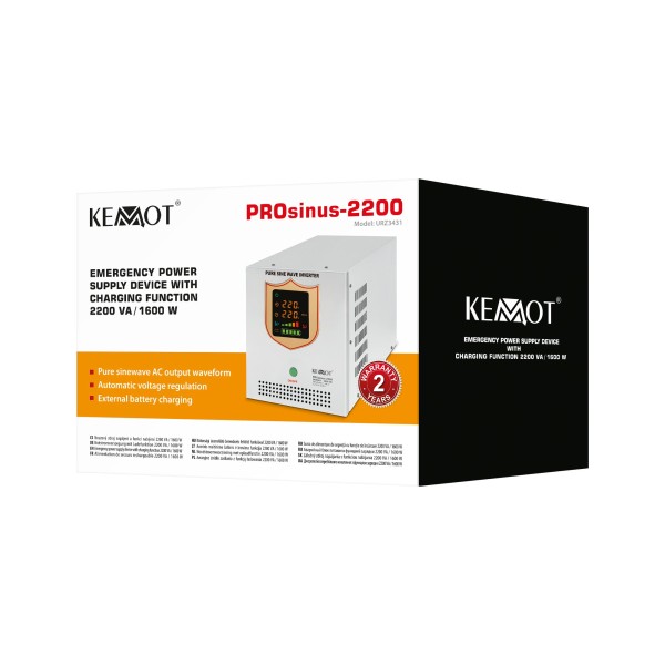 Zasilacz awaryjny KEMOT PROsinus-2200  przetwornica z czystym przebiegiem sinusoidalnym i funkcją ładowania  12V 230V 2200VA/1600W