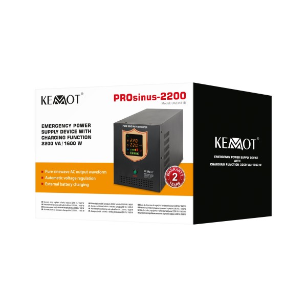 Zasilacz awaryjny KEMOT PROsinus-2200  przetwornica z czystym przebiegiem sinusoidalnym i funkcją ładowania  12V 230V 2200VA/1600W - kolor czarny