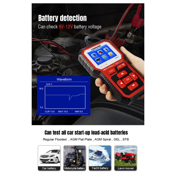 Miernik diagnostyczny, skaner OBD2, tester baterii  Konnwei KW681