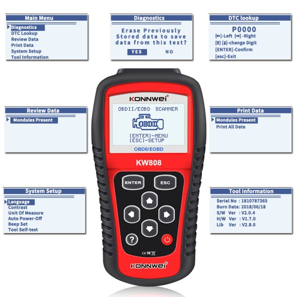 Miernik diagnostyczny, skaner OBD2  Konnwei KW808