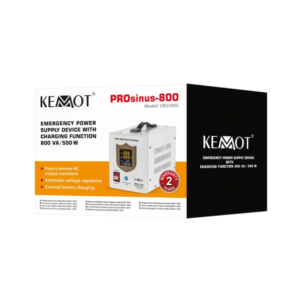 Zasilacz awaryjny KEMOT PROsinus-800 przetwornica z czystym przebiegiem sinusoidalnym i funkcją ładowania  12V 230V 800VA/500W