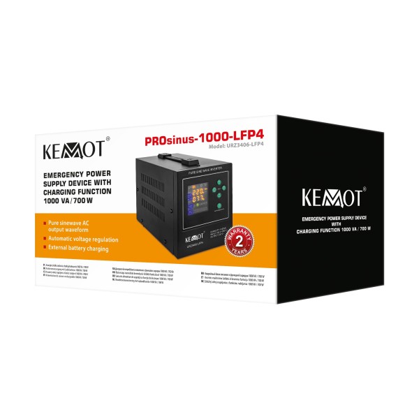 Zasilacz awaryjny KEMOT PROsinus-1000-LFP4 przetwornica z czystym przebiegiem sinusoidalnym i funkcją ładowania 12V 230V 1000VA/700W