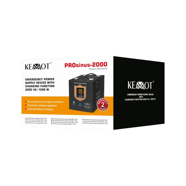 Zasilacz awaryjny KEMOT PROsinus-2000  przetwornica z czystym przebiegiem sinusoidalnym i funkcją ładowania 12V 230V 2000VA/1200W - kolor czarny