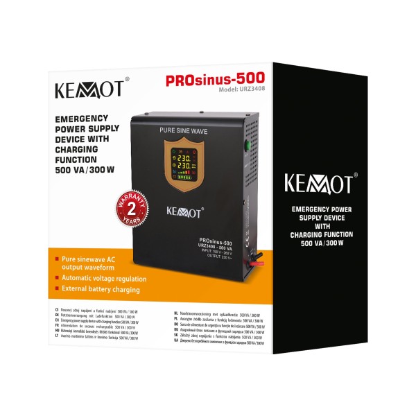 Zasilacz awaryjny naścienny KEMOT PROsinus-500  przetwornica z czystym przebiegiem sinusoidalnym i funkcją ładowania  12V 230V 500VA/300W