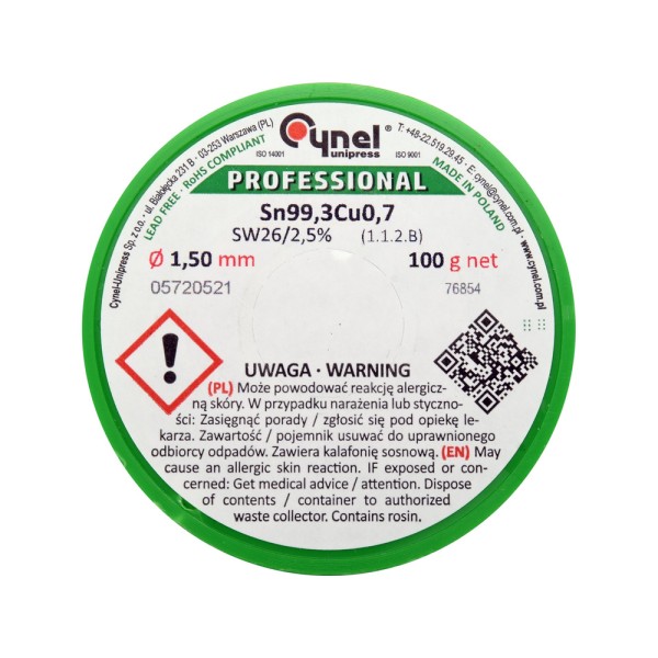 SPOIWO, DRUT LUTOWNICZY BEZOŁOWIOWY Z TOPNIKIEM NA SZPULI 1,5MM, 100G, SN99,3CU0,7 76854