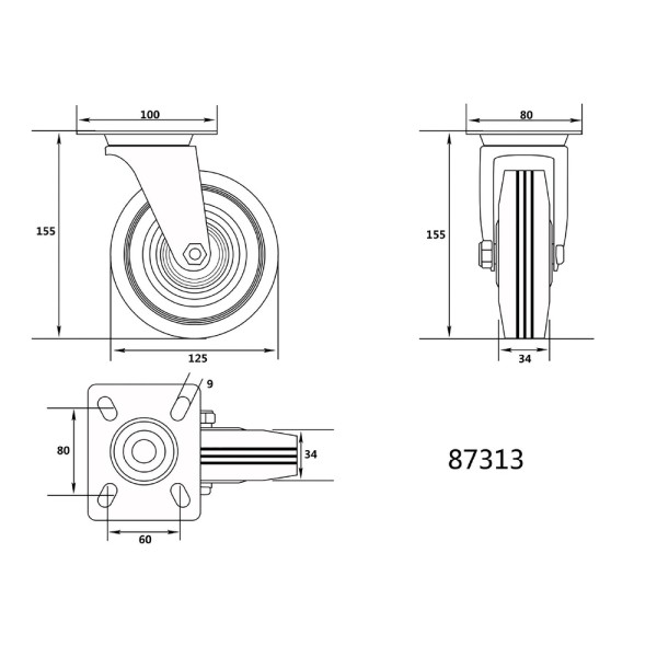 KÓŁKO SKRĘTNE Z CZARNĄ GUMĄ 125MM 87313