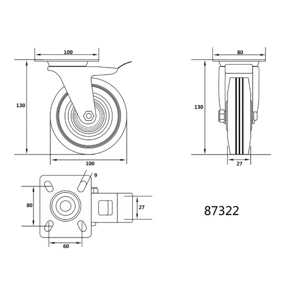 KÓŁKO SKRĘTNE Z CZARNĄ GUMĄ I HAMULCEM 100MM 87322