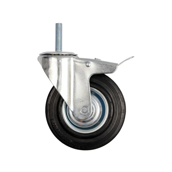KÓŁKO 125MM, SKRĘTNE Z CZARNĄ GUMĄ, HAMULCEM I TRZPIENIEM GWINTOWANYM, ŁOŻYSKOWANE 87333