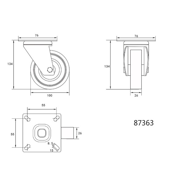 KÓŁKO SKRĘTNE Z SZARĄ GUMĄ 100MM 87363