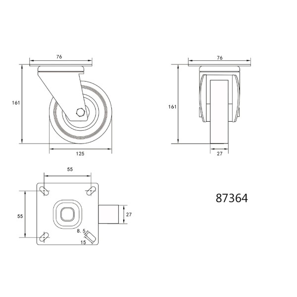 KÓŁKO SKRĘTNE Z SZARĄ GUMĄ 125MM 87364
