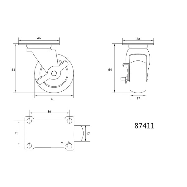 KÓŁKO SKRĘTNE Z CZARNĄ GUMĄ Z HAMULCEM 40MM 87411