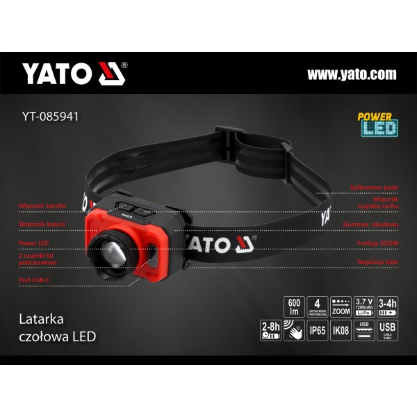 LATARKA CZOŁOWA 600LM AKU, CZUJNIK RUCH YT-085941