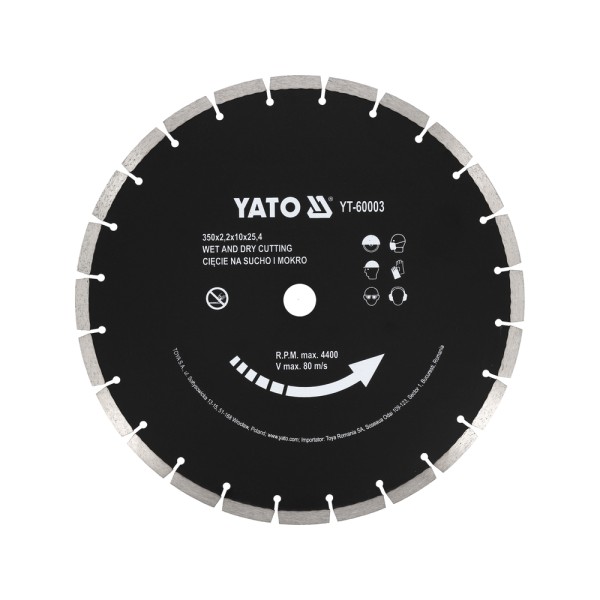 TARCZA DIAMENTOWA DO BETONU 350X25,4MM, CIĘCIE NA SUCHO I NA MOKRO YT-60003