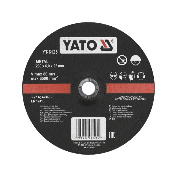TARCZA DO SZLIFOWANIA METALU 230X6,0X22 MM YT-6125